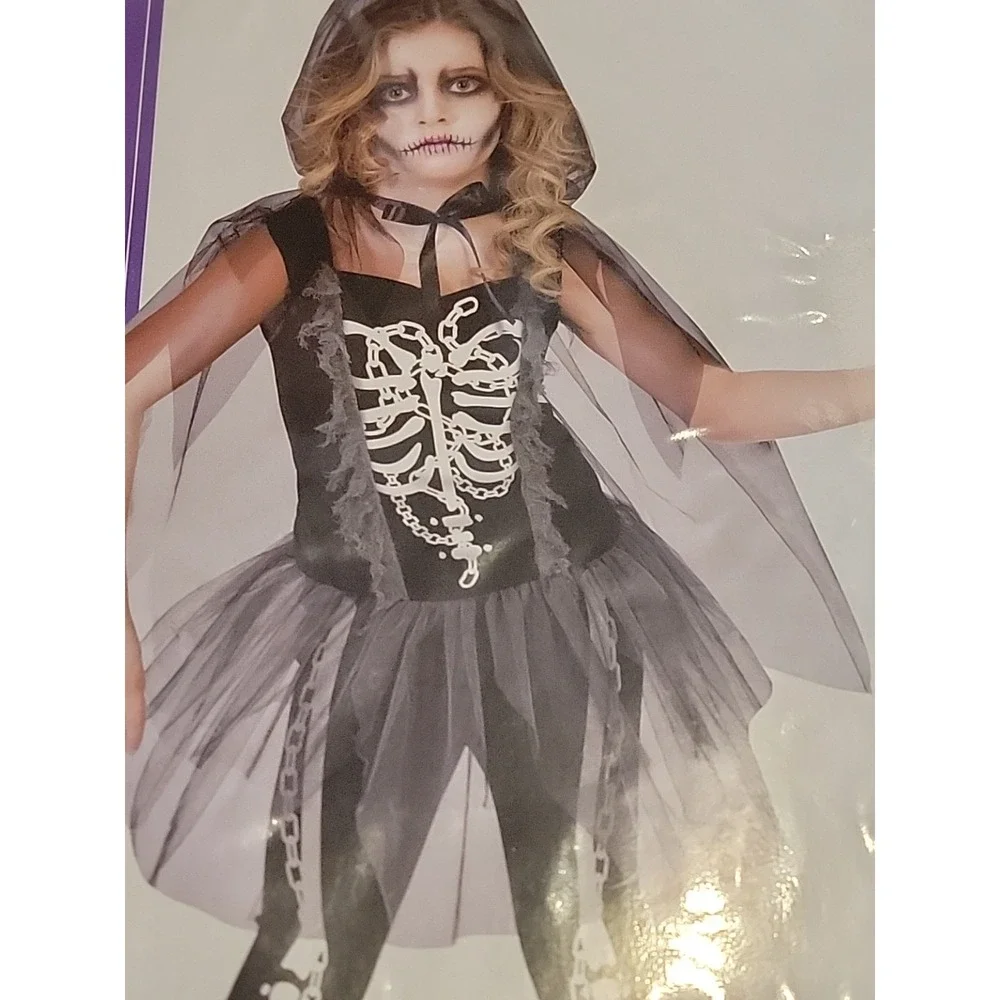 Girls Grim Reaper Skeleton Halloween Costume Size medium 8-10 Dress & Cape - Picture 7 of 10